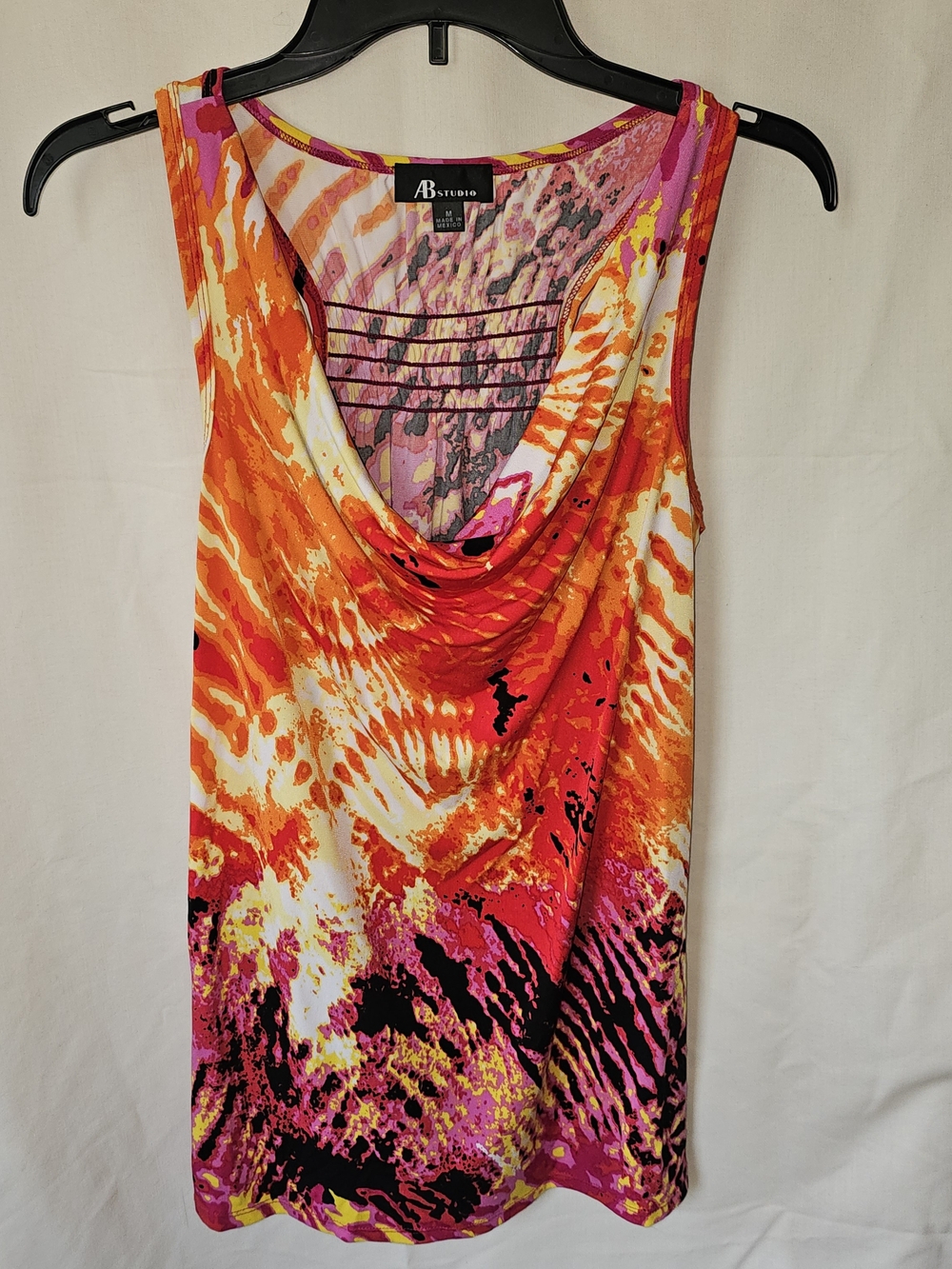 AB Studio Orange Pink Red Print Cowl Neck Tank Top